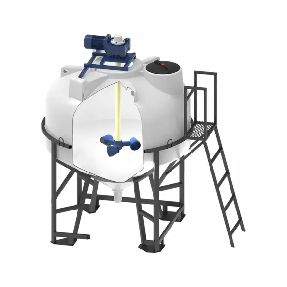 Емкость ЦКТ 3000 с патрубком 90 мм белая в обрешетке с лестницей с мешалкой для вязких до 8 Ра/с